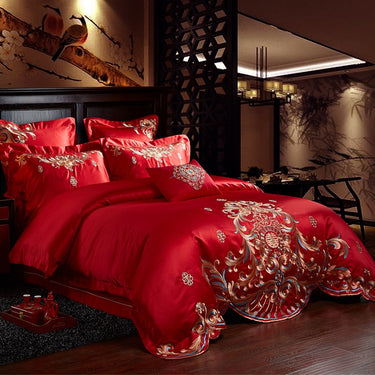 Luxury Red Gold Oriental Wedding Royal Embroidered Duvet Cover Set, Cotton Fabric Bedding Set